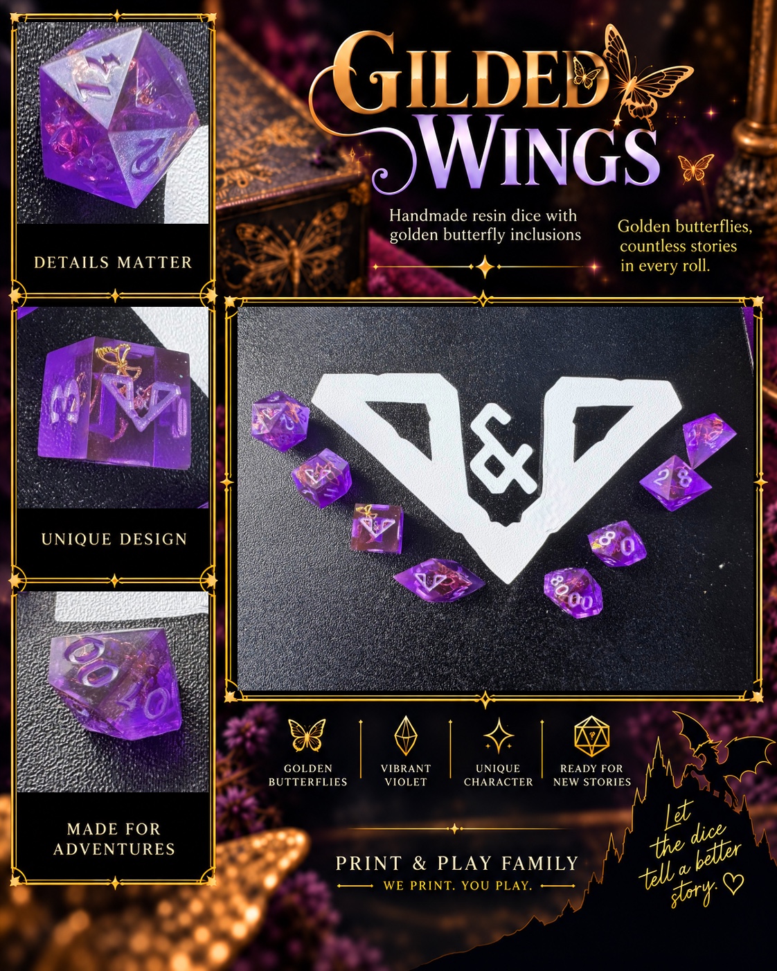 Gilded Wings handmade resin dice set