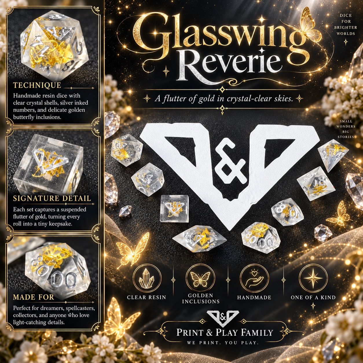 Glasswing Reverie handmade resin dice set