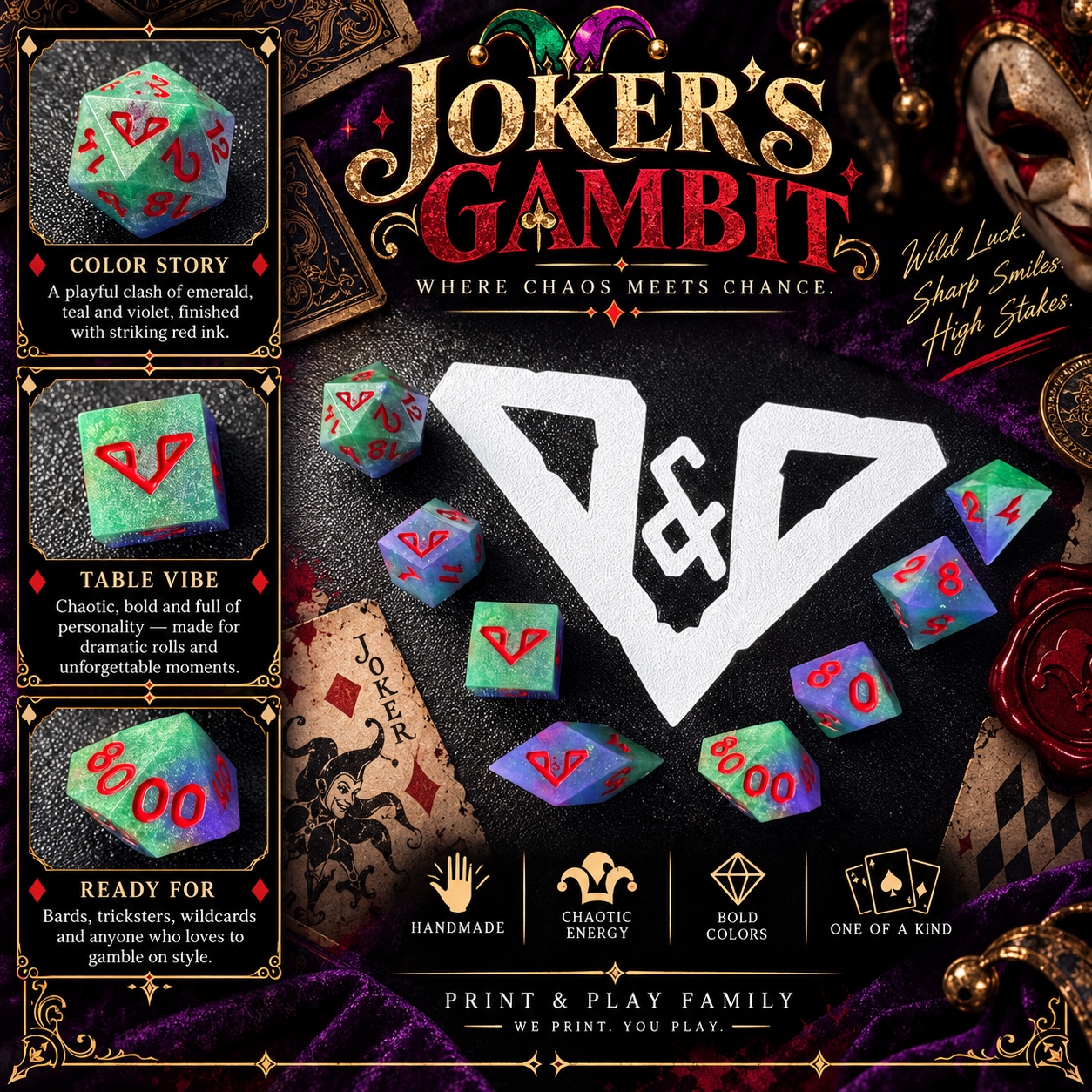Joker’s Gambit handmade resin dice set